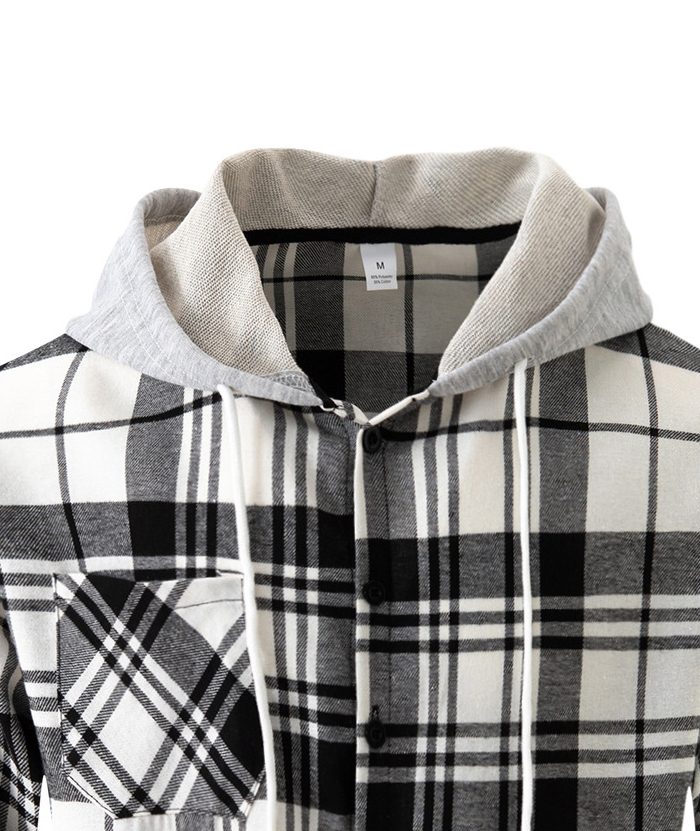 Men's Flannel Drawstring Hooded Plaid Shirt-DUMLT05801