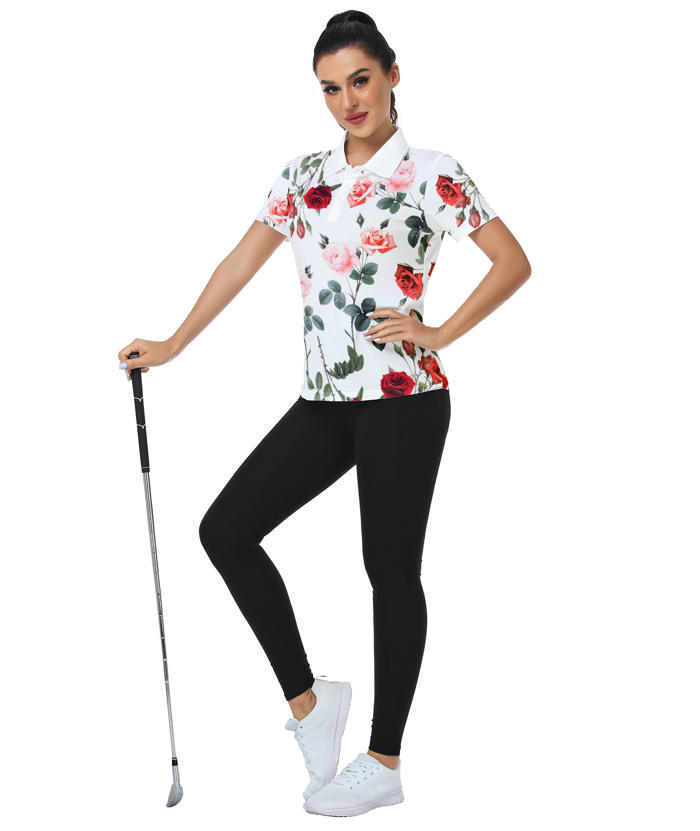 ZITY Women's Rose Print Dri Fit Golf Polo Shirt-CUWPO02665