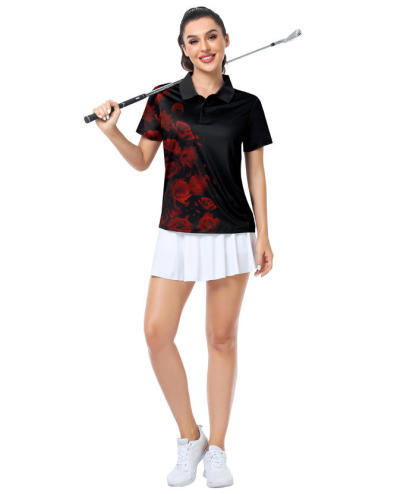 ZITY Women's Rose Printed Dri Fit Golf Polo Shirt-CUWPO02666
