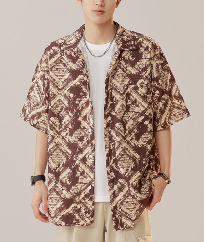 ZITY Men's Brown Short Sleeve Button-Down Abstract Geometric Print Shirt