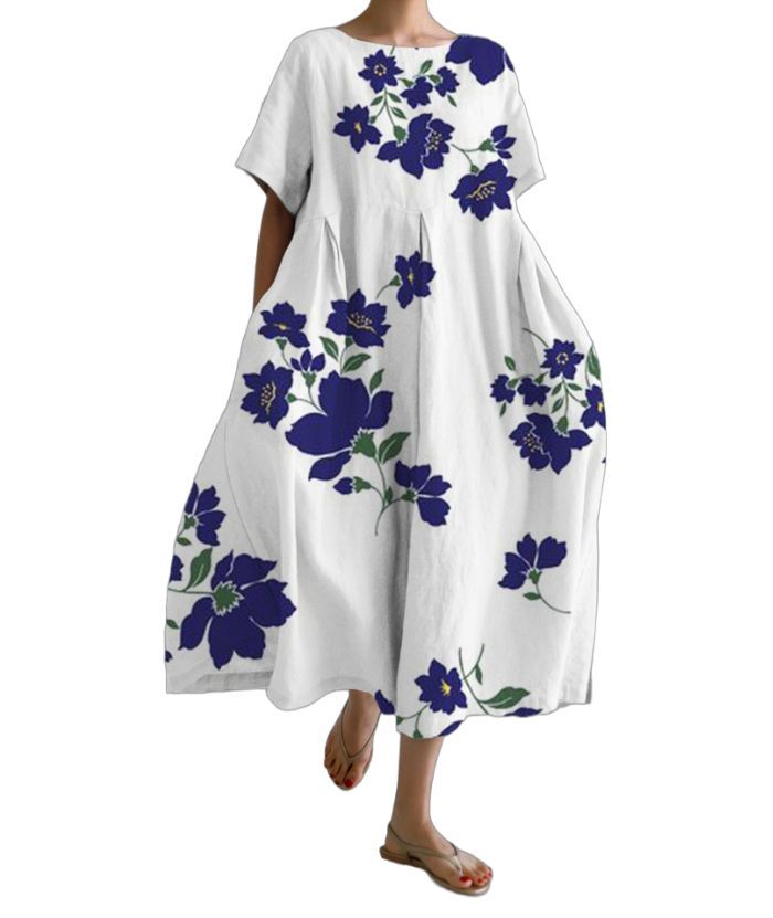 ZITY Women's Loose Round Neck Fashionable Printed Dress