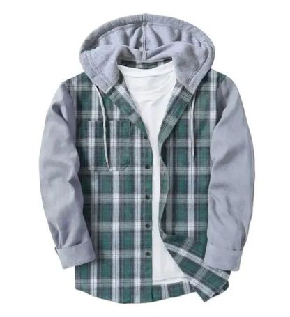 ZITY Men’s Hooded Color Block Plaid Long Sleeve Cotton Blend Shirt–DUMLT06597