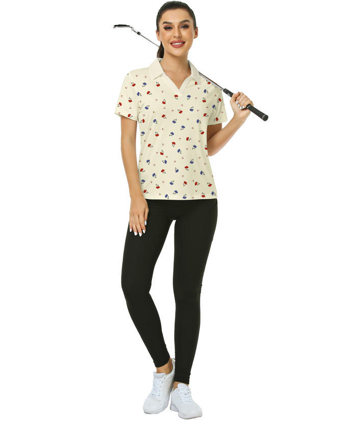 ZITY Women's Floral Printed Slim Fit V Neck Golf Polo Shirt-CUWPO01339