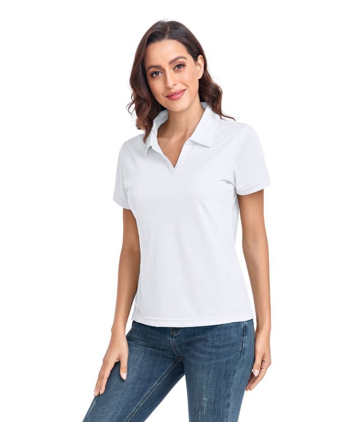 Women's Solid Color Slim Fit V Neck Golf Polo Shirt-CUWPO01589