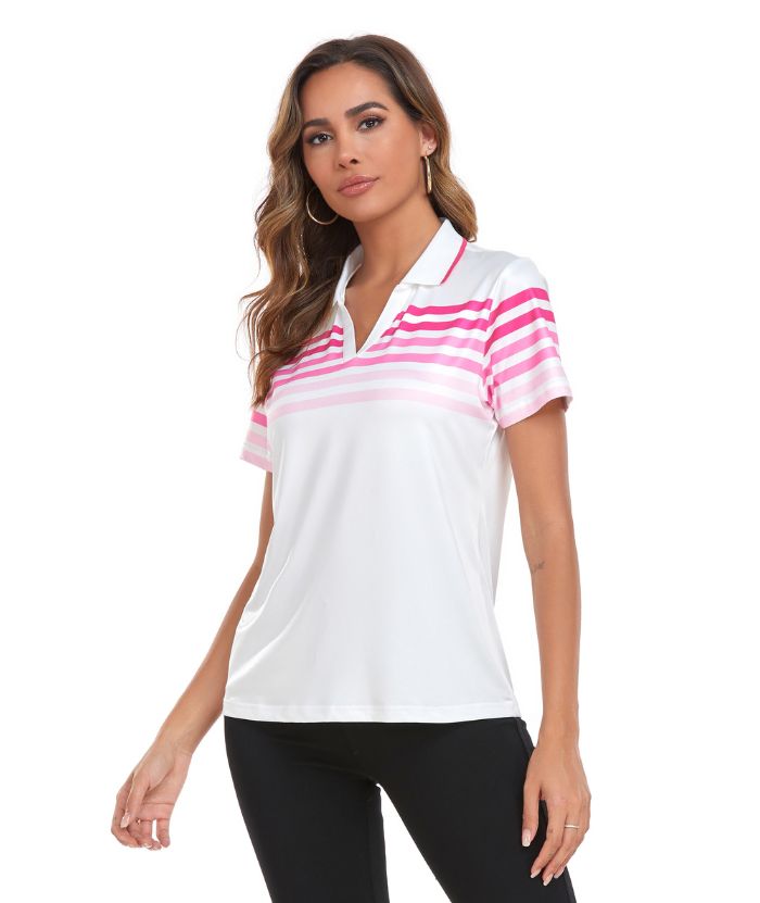 ZITY Women's V Neck Color Stripe Slim Fit Polo Shirt-CUWPO01593
