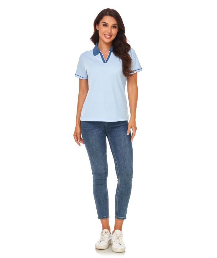 ZITY Women's V Neck Solid Color Slim Fit Polo Shirt-CUWPO01595