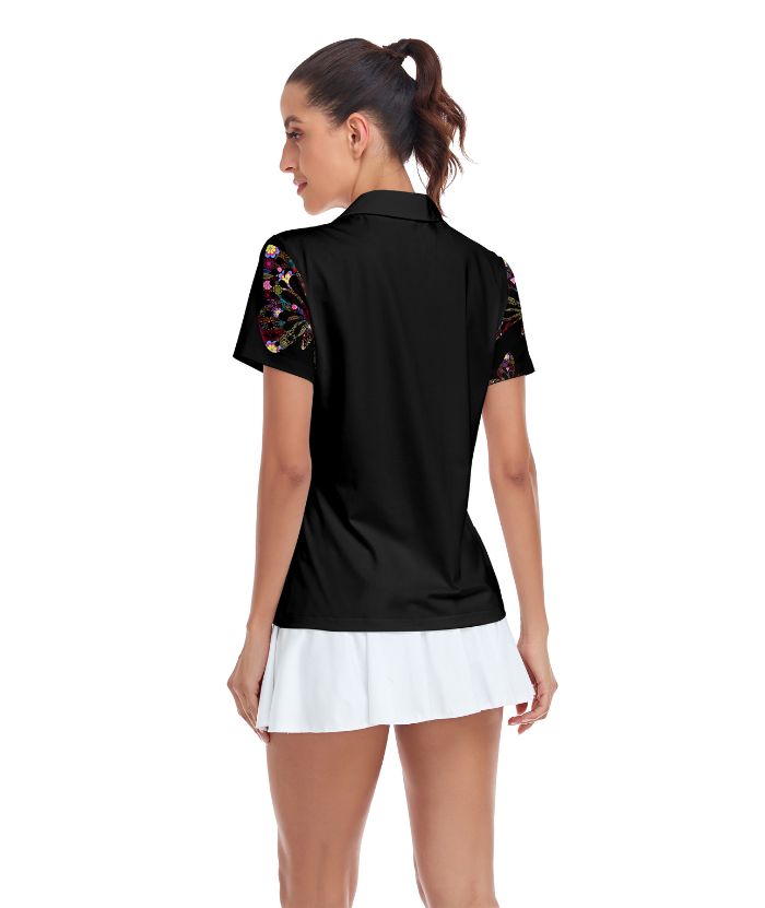 ZITY Women's Black Butterfly Print Golf Polo Shirt-CUWPO02031