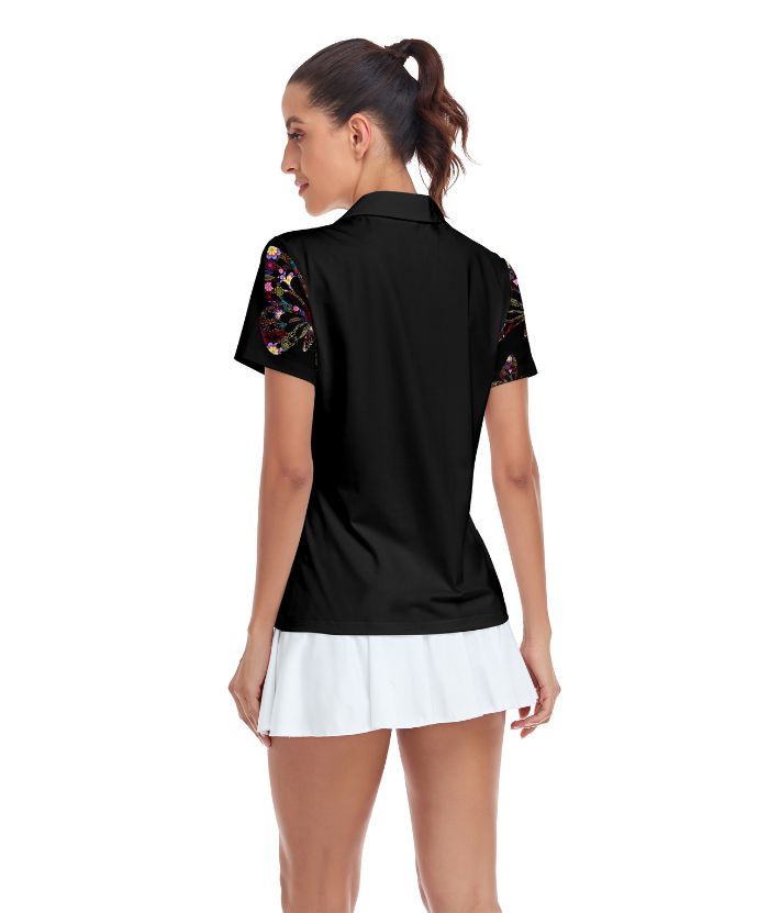 ZITY Women's Black Butterfly Print Golf Polo Shirt-CUWPO02031