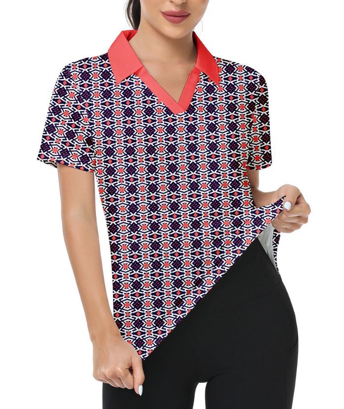 ZITY Women's Slim Fit Geometry Print Golf Polo Shirt-CUWPO01016