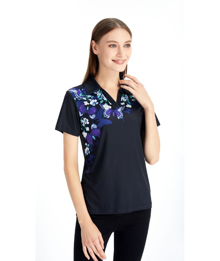 ZITY Women's Butterfly Print Slim Fit Golf Polo Shirt-CFWZZ00011