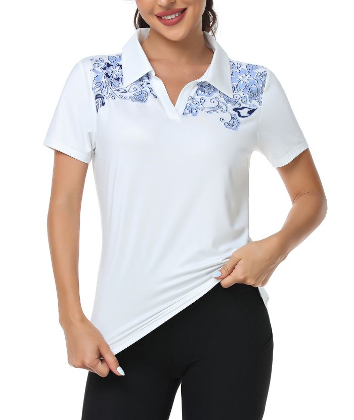 ZITY Women's Slim Fit Flower Print Golf Polo Shirt-CUWPO01296