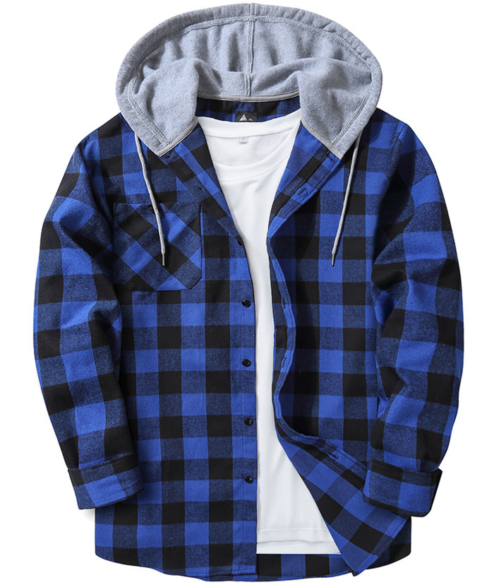 Men's Blue Plaid Hooded Button Down Flannel Shirt-ZPK000014 | Zitysports