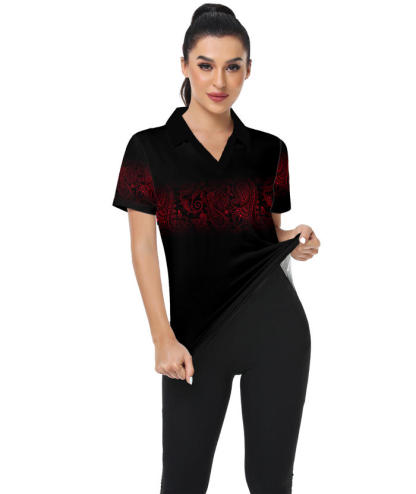 ZITY Women's Cashew Flower Print Casual Golf Polo Shirt-CUWPO02025