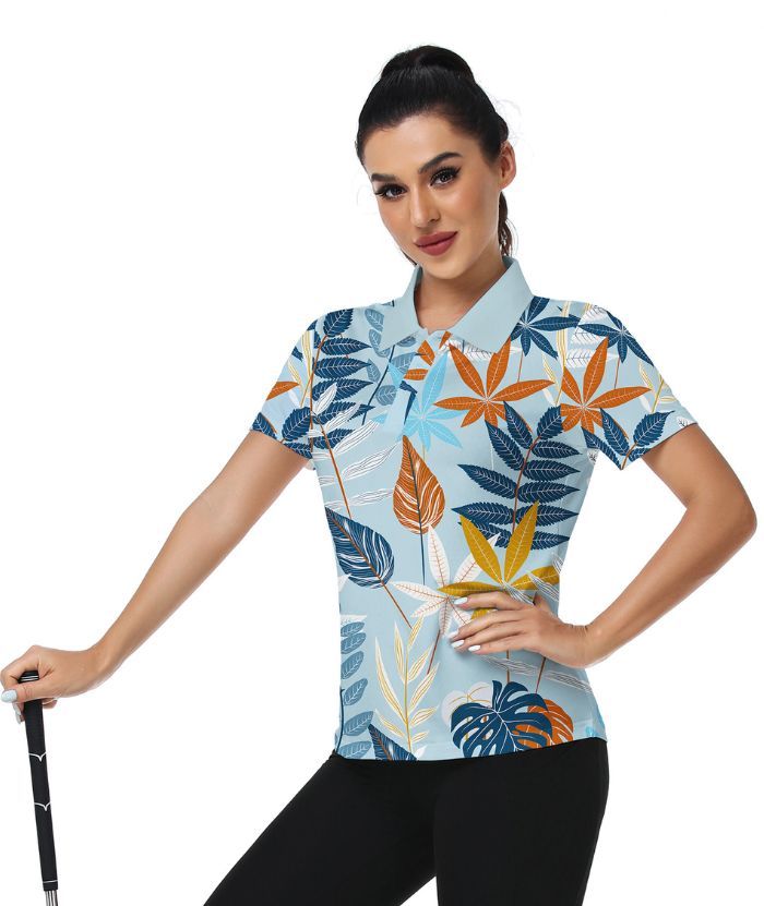 ZITY Women's Flower Print Slim Fit Golf Polo Shirt-CUWPO01328