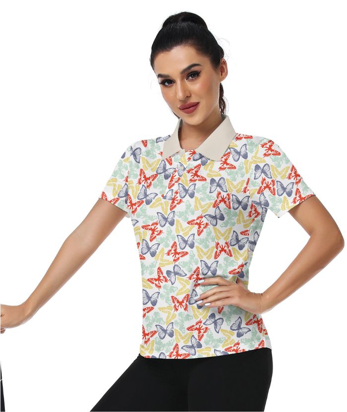 ZITY Women's Butterfly Print Golf Polo Shirt-CUWPO01331