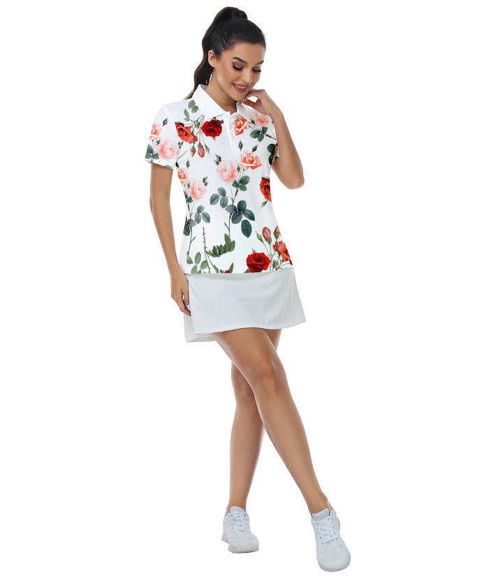 ZITY Women's Rose Print Dri Fit Golf Polo Shirt-CUWPO02665