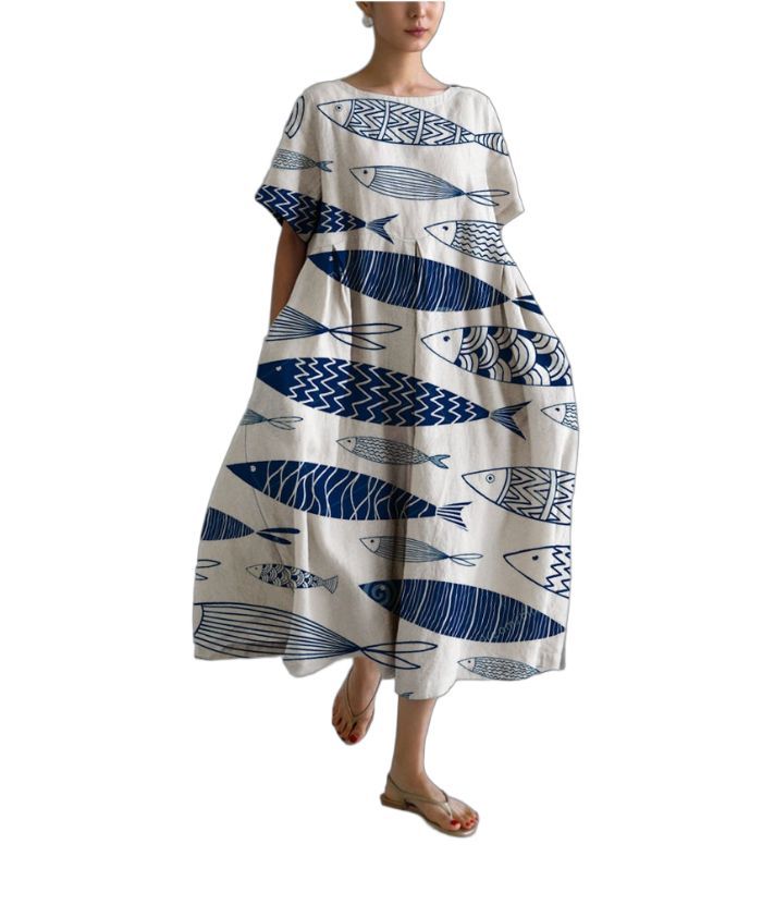ZITY Women's Loose Round Neck Fashionable Printed Dress