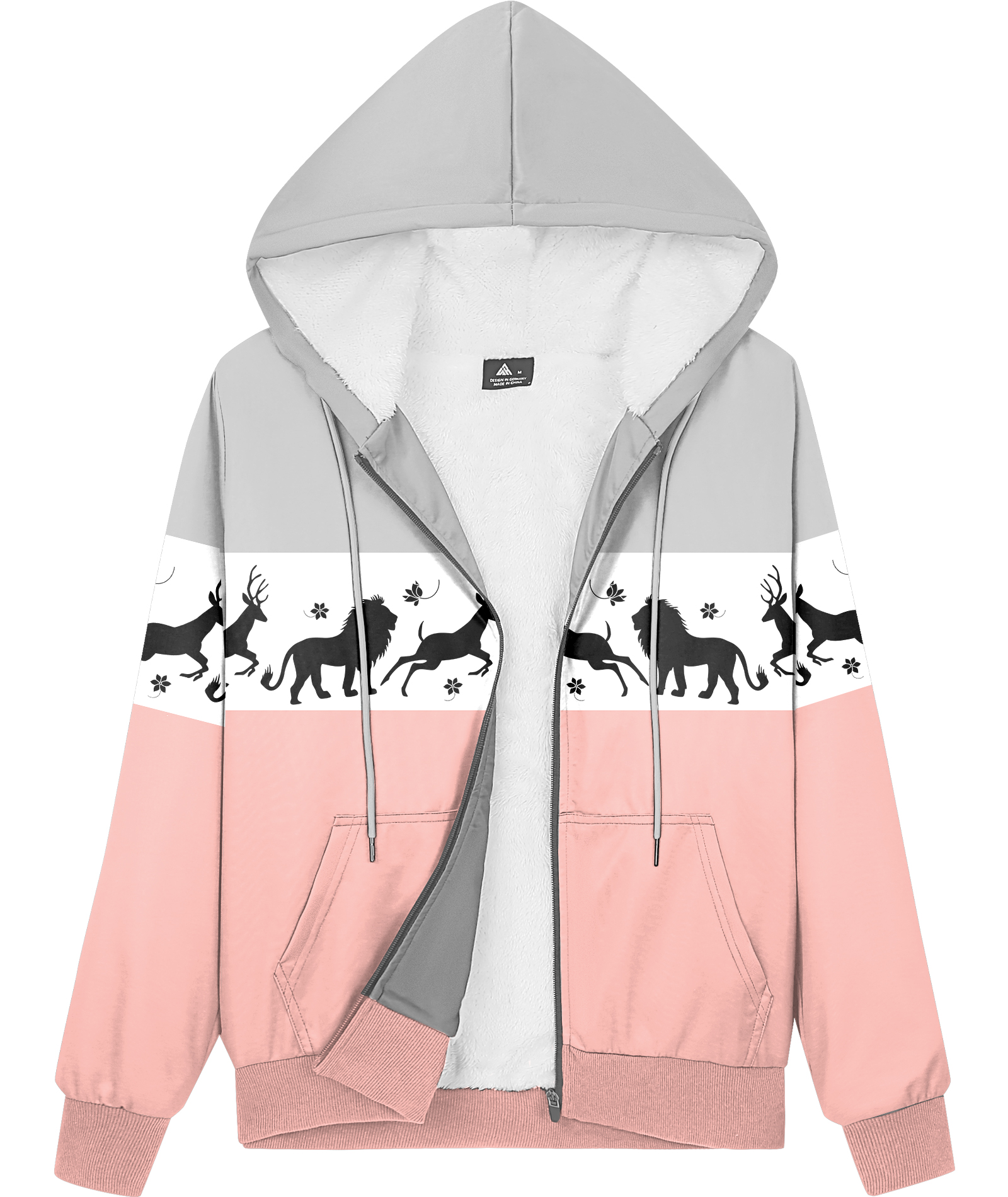 ZITY Women's Color Block Deer Print Zip Up Fleece Hoodie-CUWFH01529