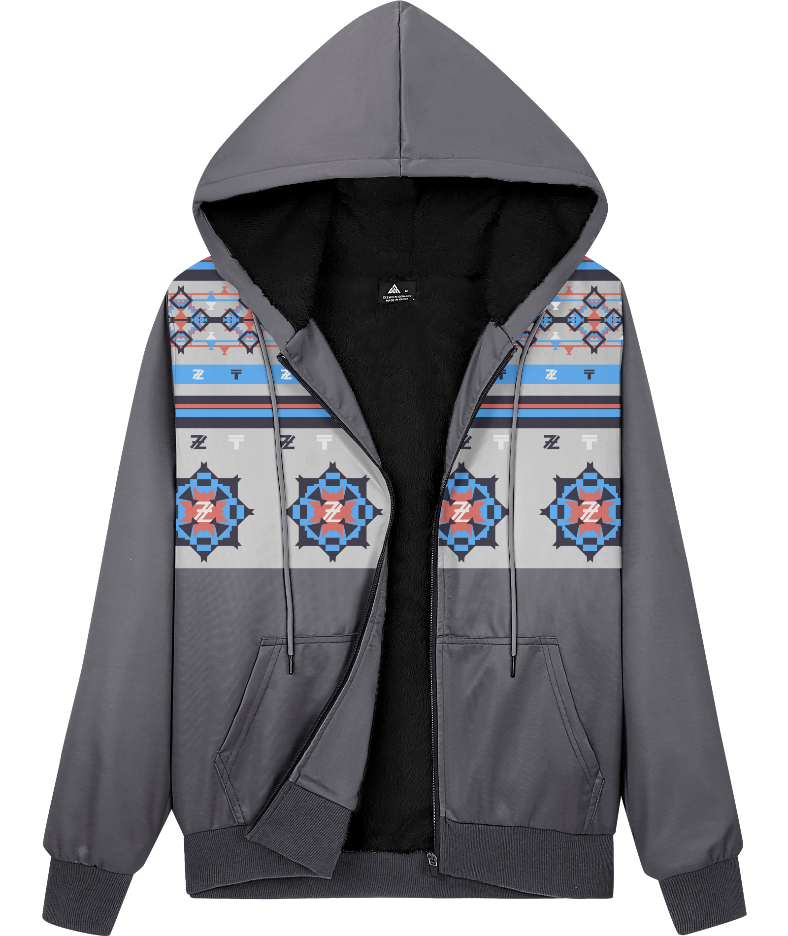 ZITY Women's Full Zipper Geometric Pattern Print Fleece Hoodie-CUWFH01396