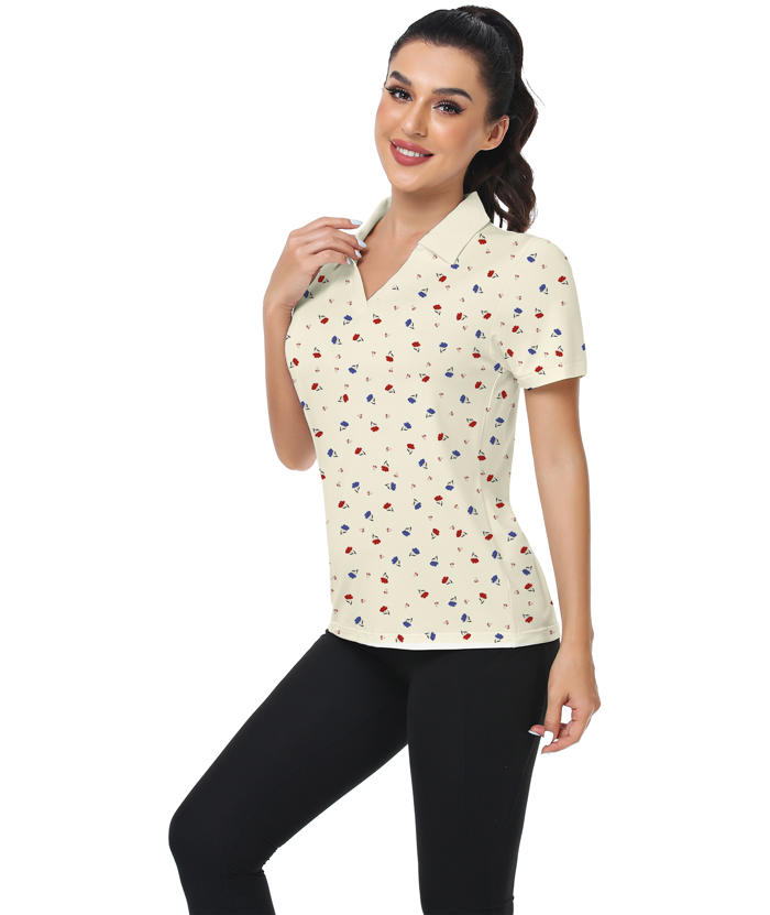 ZITY Women's Floral Printed Slim Fit V Neck Golf Polo Shirt-CUWPO01339