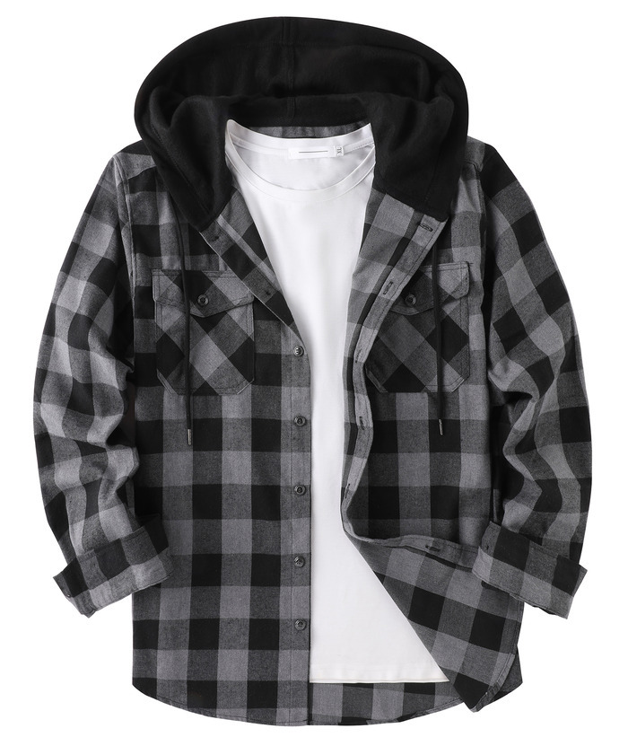 ZITY Men's Button Up Long Sleeve Plaid Hoodie-CUMLT03681|Zitysports