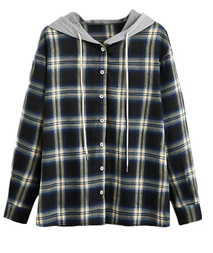 ZITY Women's Plaid Print Button Casual Long Sleeve Hoodie-DUWLT05049|Zitysports