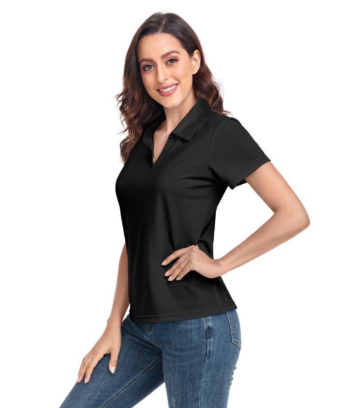 Women's Solid Color Slim Fit V Neck Golf Polo Shirt-CUWPO01589