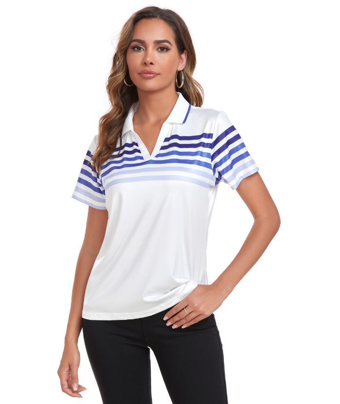 ZITY Women's V Neck Color Stripe Slim Fit Polo Shirt-CUWPO01593