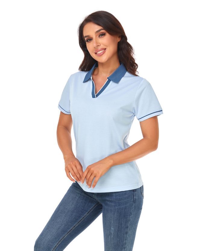 ZITY Women's V Neck Solid Color Slim Fit Polo Shirt-CUWPO01595