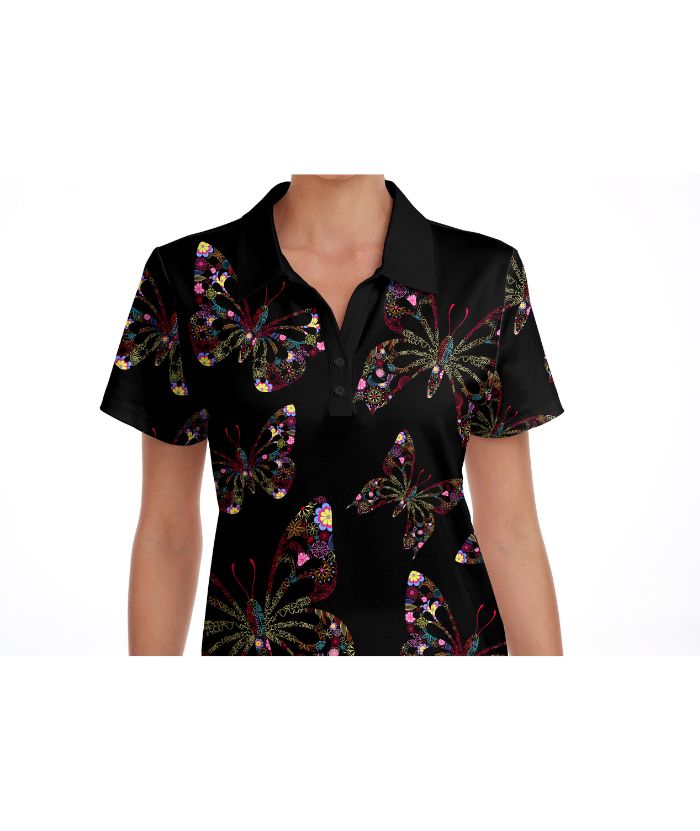 ZITY Women's Black Butterfly Print Golf Polo Shirt-CUWPO02031
