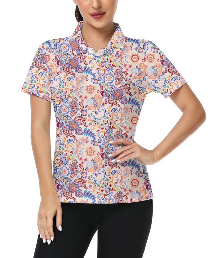 ZITY Women's Cashew Flower Print Quick Dri Slim Fit Polo Shirt-CUWPO02022