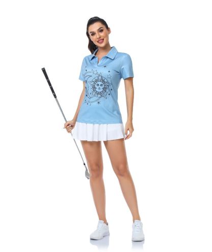 Women's V Neck Slim Fit Blue Golf Polo Shirt-CUWPO01022