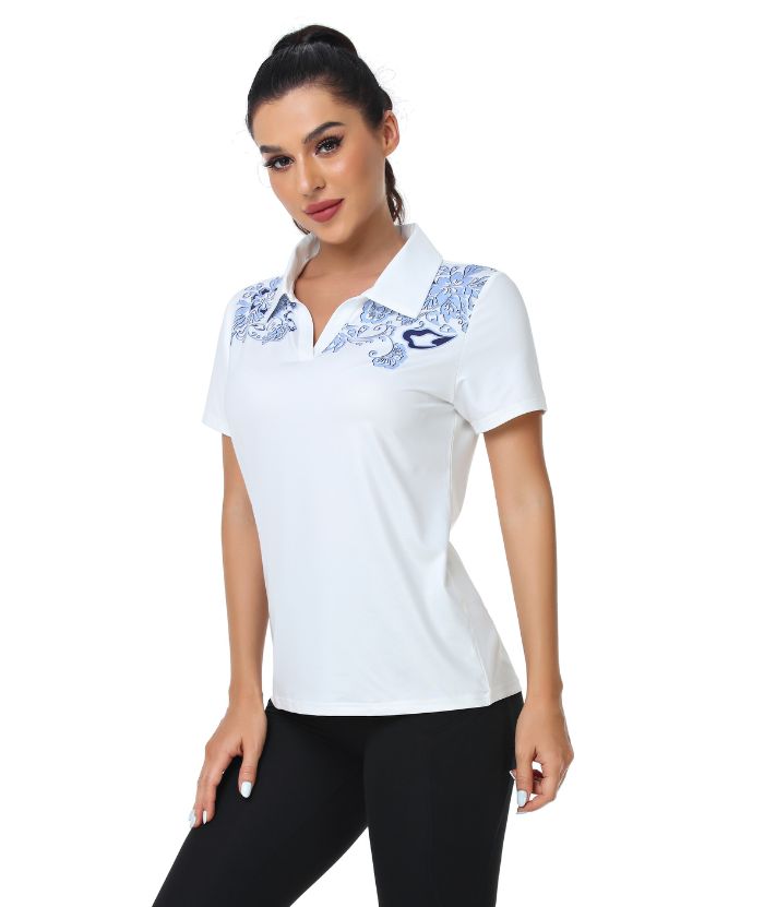ZITY Women's Slim Fit Flower Print Golf Polo Shirt-CUWPO01296