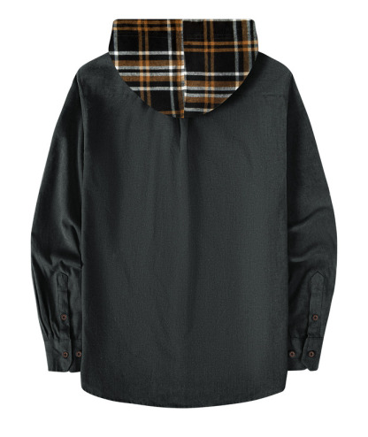 ZITY Men's Color Block Button Plaid Hoodie Shirt-ZPK007042 | Zitysports