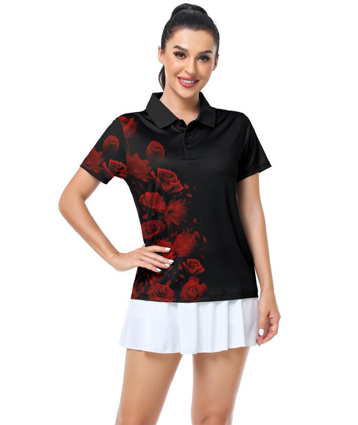 ZITY Women's Rose Printed Dri Fit Golf Polo Shirt-CUWPO02666