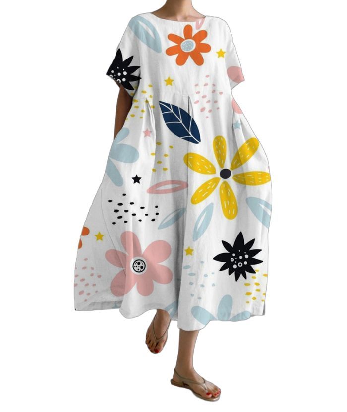 ZITY Women's Loose Round Neck Fashionable Printed Dress
