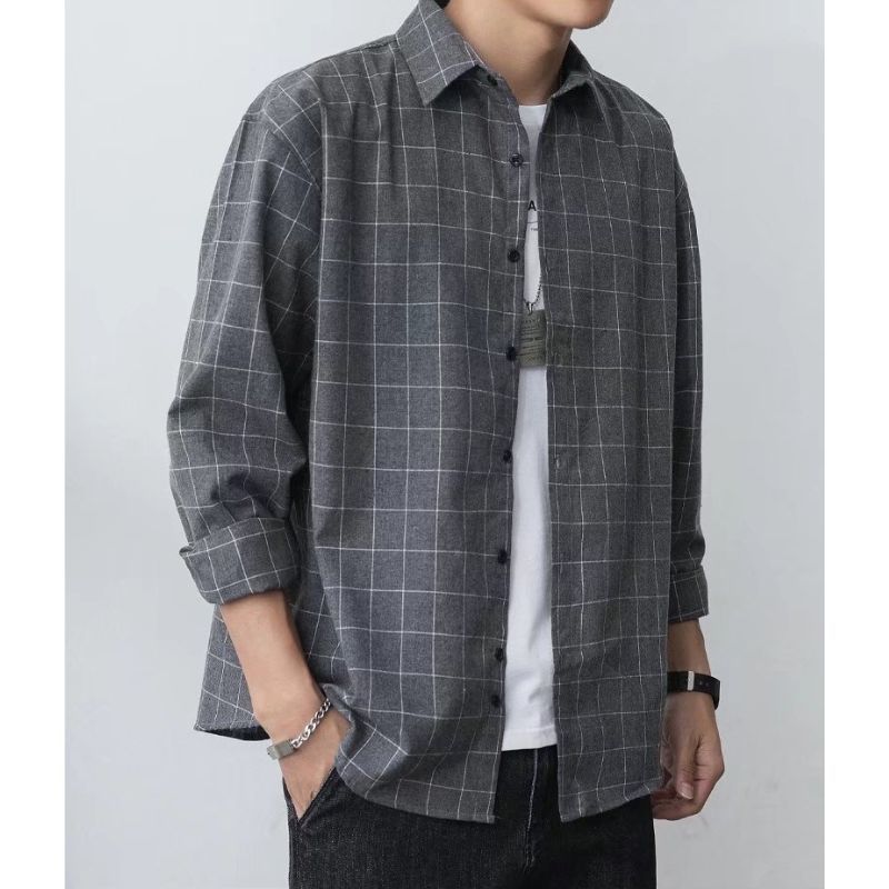 ZITY Men’s Spring Autumn Slim Fit Lightweight Brushed Plaid Long Sleeve Shirt-