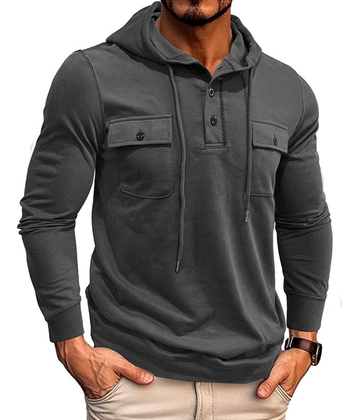 ZITY Men's Solid Chest Pockets Button Hoodie-DUMHD04858 | Zitysports