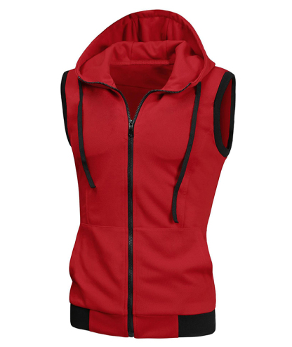 ZITY Men's Zip Up Solid Color Drawstring Sleeveless Hoodie-DUMMG05205|Zitysports