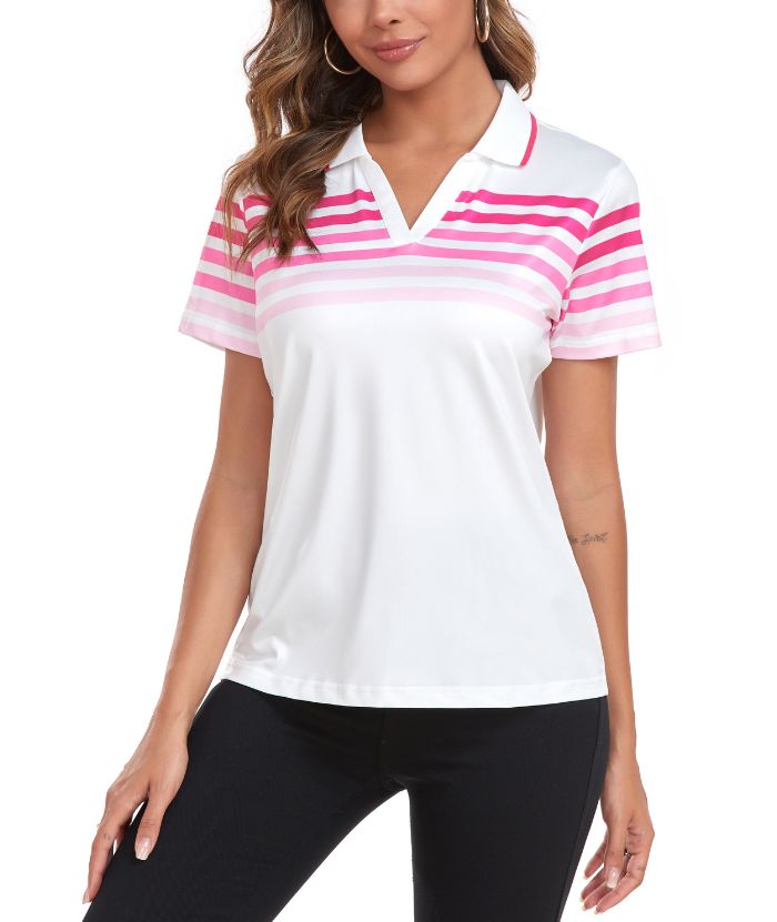 ZITY Women's V Neck Color Stripe Slim Fit Polo Shirt-CUWPO01593