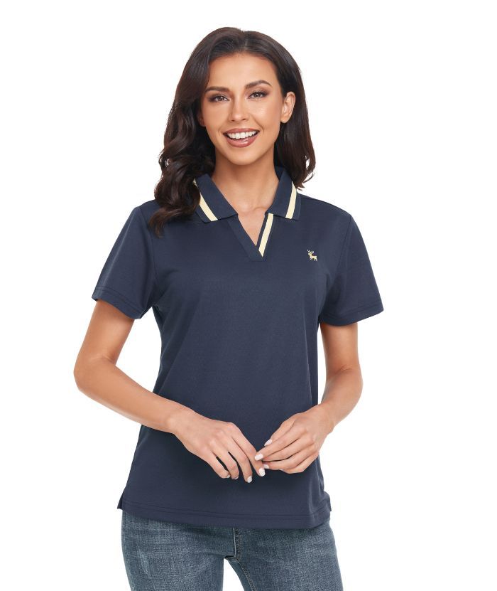 Women's Slim Fit V Neck Casual Golf Polo Shirt-CUWPO01904