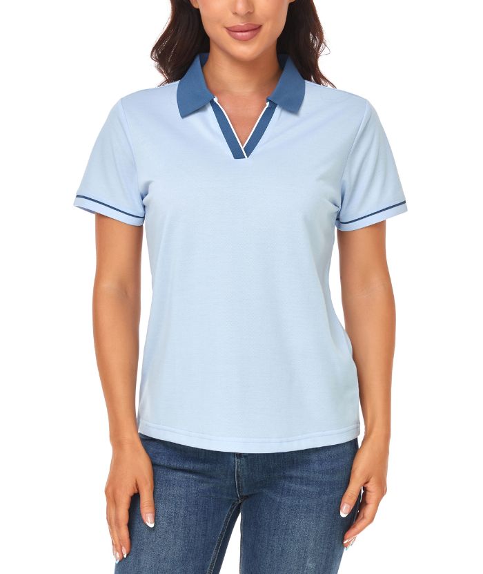 ZITY Women's V Neck Solid Color Slim Fit Polo Shirt-CUWPO01595