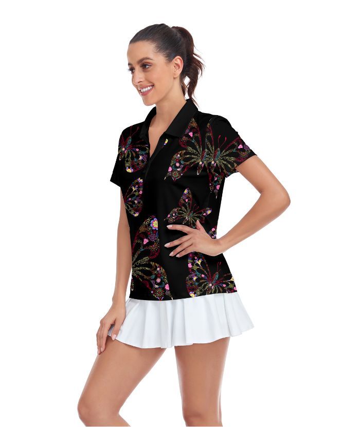 ZITY Women's Black Butterfly Print Golf Polo Shirt-CUWPO02031