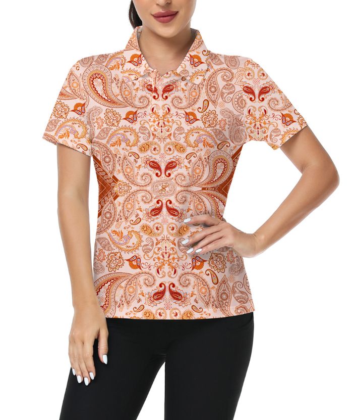 ZITY Women's Slim Fit Cashew Flower Print Golf Polo Shirt-CUWPO02020