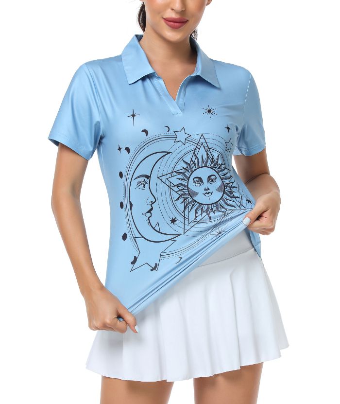 Women's V Neck Slim Fit Blue Golf Polo Shirt-CUWPO01022