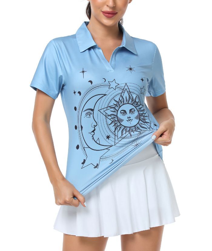 Women's V Neck Slim Fit Blue Golf Polo Shirt-CUWPO01022