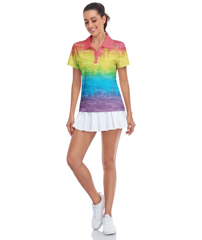 ZITY Women's Slim Fit Rainbow Print Golf Polo Shirt-CUWPO01299