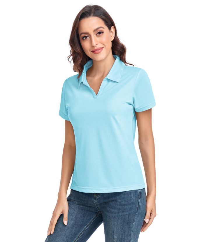 Women's Solid Color Slim Fit V Neck Golf Polo Shirt-CUWPO01589