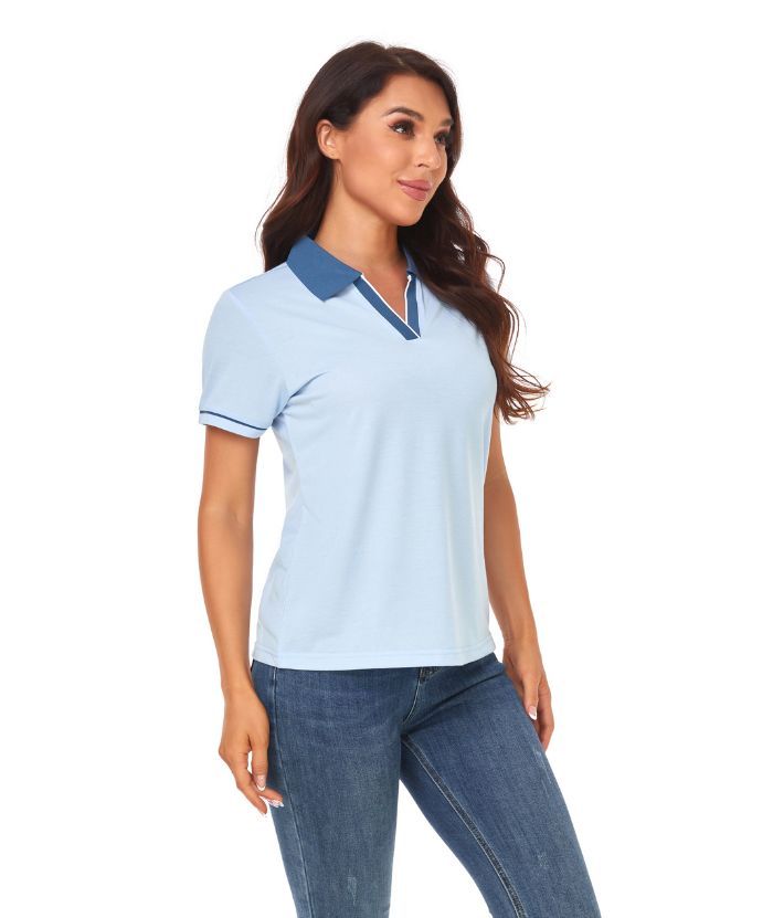 ZITY Women's V Neck Solid Color Slim Fit Polo Shirt-CUWPO01595