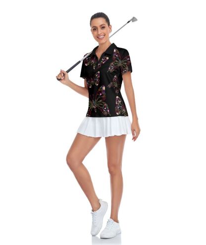 ZITY Women's Black Butterfly Print Golf Polo Shirt-CUWPO02031